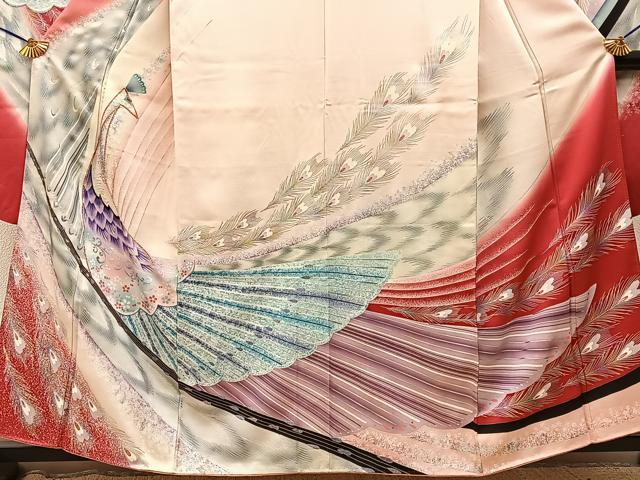 平和屋着物■豪華振袖　刺繍　孔雀　暈し染め　金銀彩　正絹　逸品　BAAY3674hj