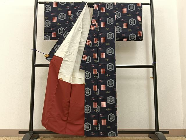平和屋着物■上質な紬　吉祥文　濃紺地　正絹　逸品　BAAY3686hj