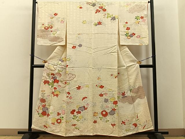 平和屋着物■訪問着　駒刺繍　雲取草花文　金銀彩　正絹　逸品　BAAY3703hj