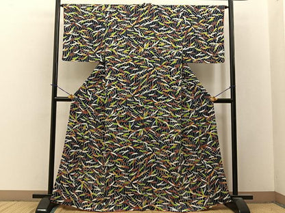 平和屋着物■上質な小紋　草葉文　濃紺地　金彩　正絹　逸品　BAAY3706hj