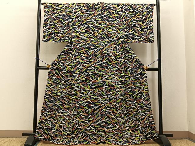 平和屋着物■上質な小紋　草葉文　濃紺地　金彩　正絹　逸品　BAAY3706hj