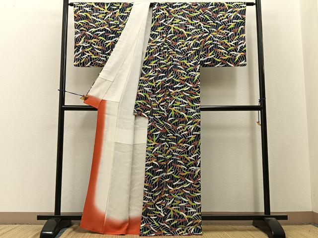 平和屋着物■上質な小紋　草葉文　濃紺地　金彩　正絹　逸品　BAAY3706hj