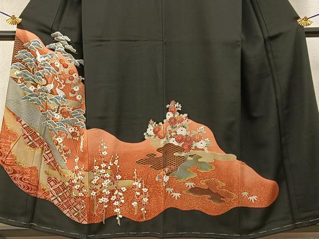 平和屋着物■豪華黒留袖　刺繍　松竹梅　群鶴有職花文　金彩　正絹　逸品　未使用　BAAY3731hj