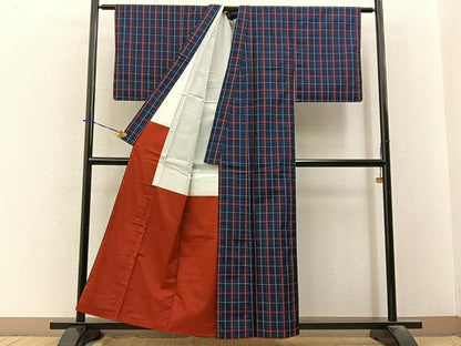 平和屋着物■上質な紬　格子柄　正絹　逸品　未使用　BAAY3733hj
