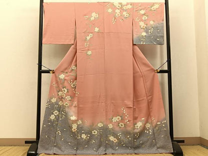 平和屋着物●訪問着　駒刺繍　枝垂れ桜文　暈し染め　金彩　ロング丈　正絹　逸品　BAAY3754hj