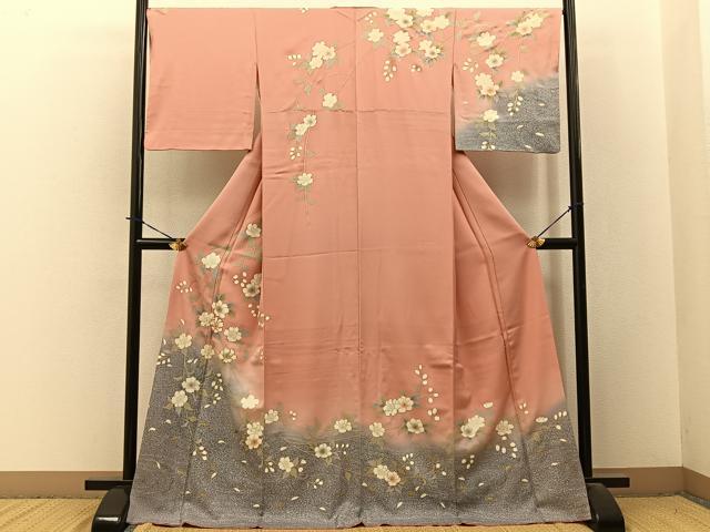 平和屋着物●訪問着　駒刺繍　枝垂れ桜文　暈し染め　金彩　ロング丈　正絹　逸品　BAAY3754hj