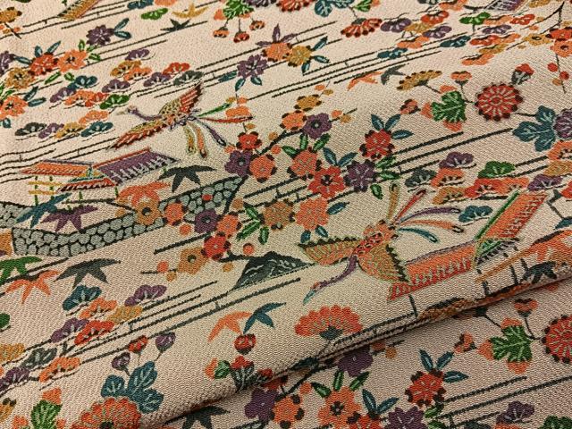 平和屋着物■上質な小紋　型染め　鳳凰風景文　鬼しぼ縮緬　正絹　逸品　BAAY3764hj