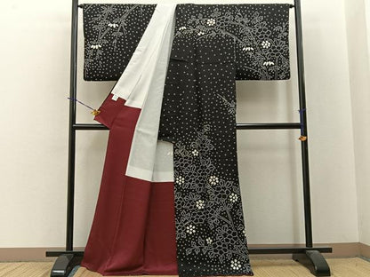 平和屋着物●訪問着　総絞り　笹花文　黒地　正絹　逸品　BAAY3769hj
