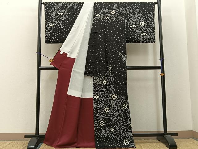 平和屋着物●訪問着　総絞り　笹花文　黒地　正絹　逸品　BAAY3769hj