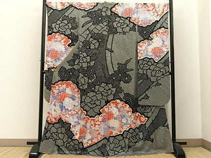平和屋着物●豪華振袖　絞り　地紙花文　黒地　銀彩　正絹　逸品　BAAY3770hj
