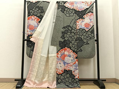 平和屋着物●豪華振袖　絞り　地紙花文　黒地　銀彩　正絹　逸品　BAAY3770hj