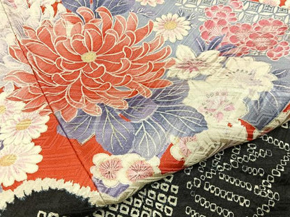 平和屋着物●豪華振袖　絞り　地紙花文　黒地　銀彩　正絹　逸品　BAAY3770hj