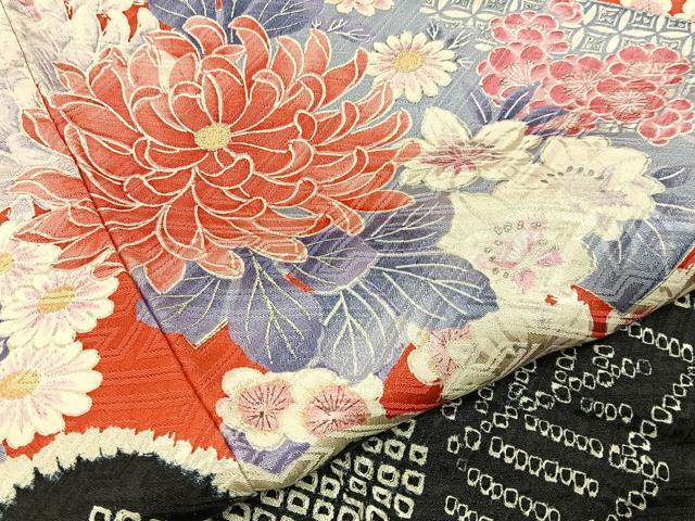 平和屋着物●豪華振袖　絞り　地紙花文　黒地　銀彩　正絹　逸品　BAAY3770hj