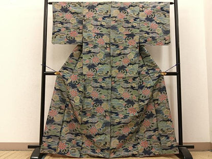 平和屋着物■上質な紬　風景花文　正絹　逸品　BAAY3772hj