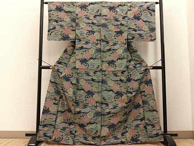 平和屋着物■上質な紬　風景花文　正絹　逸品　BAAY3772hj