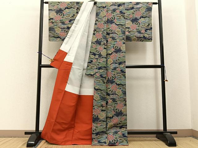 平和屋着物■上質な紬　風景花文　正絹　逸品　BAAY3772hj