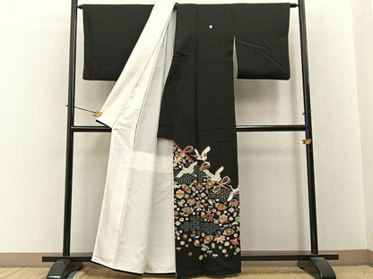 平和屋着物■豪華黒留袖　刺繍　飛鶴宝尽くし文　金彩　正絹　逸品　BAAY3786hj