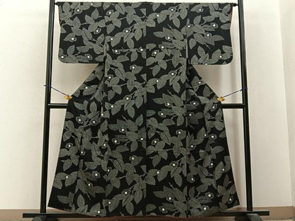 平和屋着物■上質な小紋　絞り　椿　黒地　正絹　逸品　BAAY3791hj