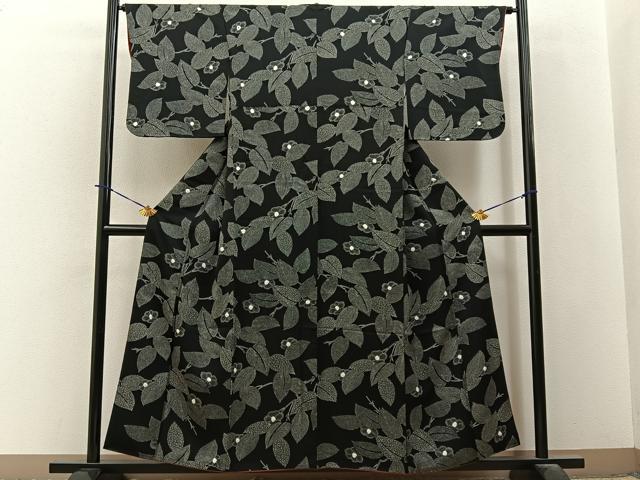 平和屋着物■上質な小紋　絞り　椿　黒地　正絹　逸品　BAAY3791hj