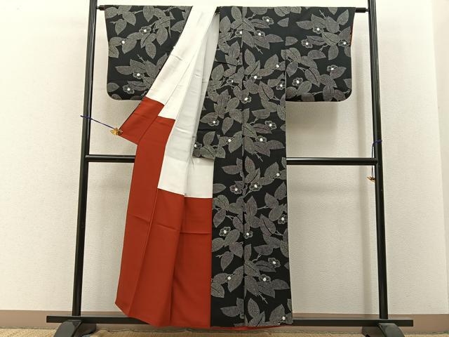 平和屋着物■上質な小紋　絞り　椿　黒地　正絹　逸品　BAAY3791hj