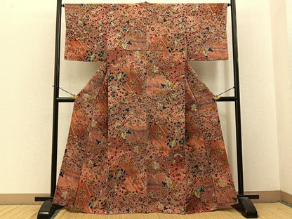 平和屋着物■上質な小紋　草花文　鬼しぼ縮緬　正絹　逸品　BAAY3798hj