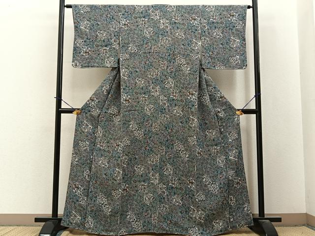 平和屋着物■上質な小紋　更紗花文　鬼しぼ縮緬　正絹　逸品　未使用　BAAY3814hj