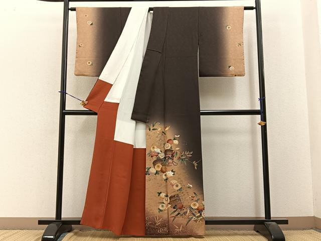 平和屋着物●訪問着　流水草花文　暈し染め　金銀彩　正絹　逸品　BAAY3829hj