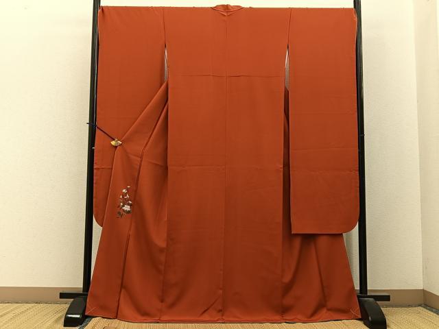 平和屋着物●豪華振袖　色無地　ワンポイント　草花文　弁柄色　金彩　正絹　逸品　未使用　BAAY3839hj