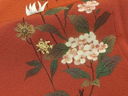 平和屋着物●豪華振袖　色無地　ワンポイント　草花文　弁柄色　金彩　正絹　逸品　未使用　BAAY3839hj
