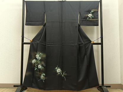 平和屋着物■訪問着　手描き　白椿　黒地　金彩　正絹　逸品　BAAY3846hj