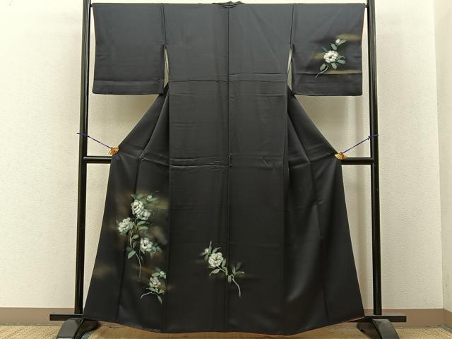 平和屋着物■訪問着　手描き　白椿　黒地　金彩　正絹　逸品　BAAY3846hj