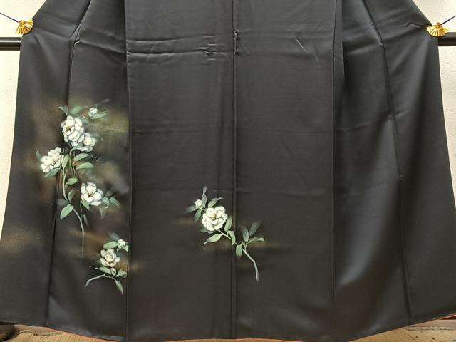 平和屋着物■訪問着　手描き　白椿　黒地　金彩　正絹　逸品　BAAY3846hj