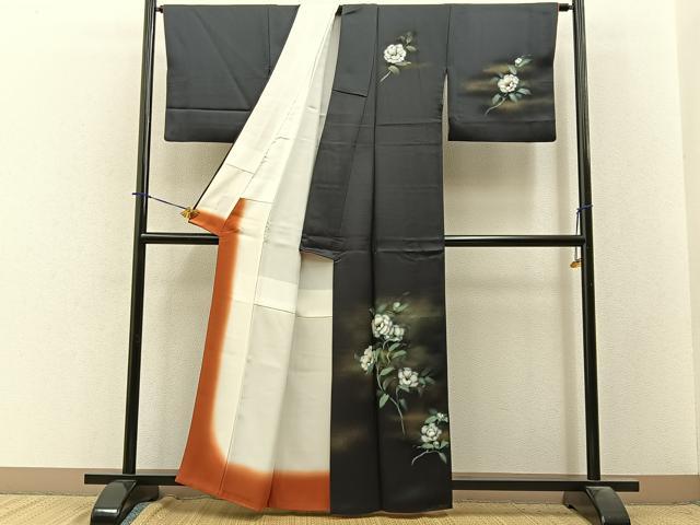 平和屋着物■訪問着　手描き　白椿　黒地　金彩　正絹　逸品　BAAY3846hj