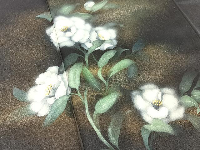 平和屋着物■訪問着　手描き　白椿　黒地　金彩　正絹　逸品　BAAY3846hj