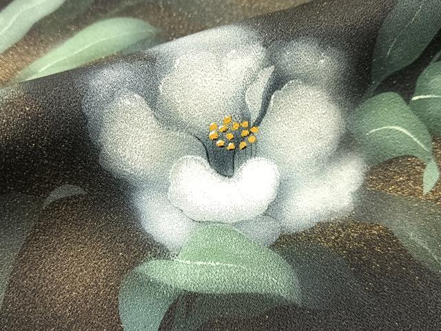 平和屋着物■訪問着　手描き　白椿　黒地　金彩　正絹　逸品　BAAY3846hj