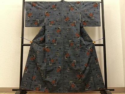 平和屋着物■上質な紬　吉祥草花文　正絹　逸品　BAAY3858hj