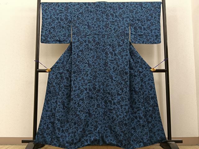 平和屋着物■上質な小紋　更紗花唐草文　鬼しぼ縮緬　正絹　逸品　BAAY3864hj