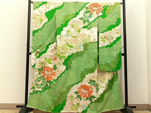 平和屋着物■豪華振袖　駒刺繍　絞り　雲隠れ牡丹花文　金彩　正絹　逸品　BAAY3870hj