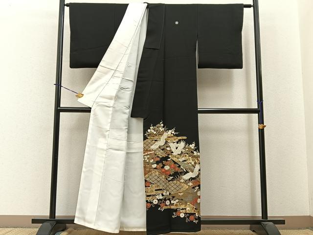 平和屋着物■豪華黒留袖　飛鶴有職花文　金銀彩　正絹　逸品　BAAY3877hj