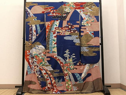 平和屋着物■豪華振袖　駒刺繍　重ね山有職花文　金彩　正絹　逸品　BAAY3885hj