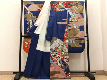 平和屋着物■豪華振袖　駒刺繍　重ね山有職花文　金彩　正絹　逸品　BAAY3885hj