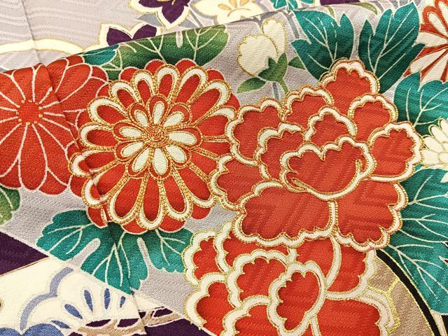 平和屋着物■豪華振袖　駒刺繍　重ね山有職花文　金彩　正絹　逸品　BAAY3885hj