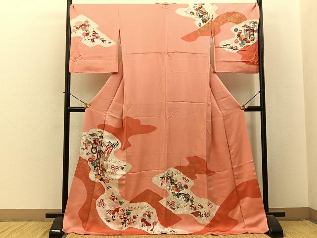 平和屋着物■訪問着　駒刺繍　御所車花文　金彩　ロング丈　正絹　逸品　BAAY3886hj