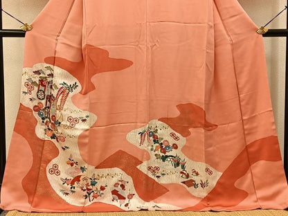 平和屋着物■訪問着　駒刺繍　御所車花文　金彩　ロング丈　正絹　逸品　BAAY3886hj