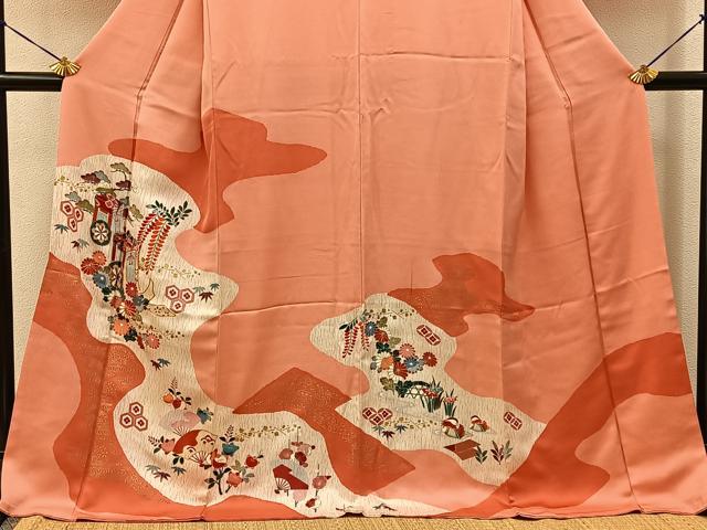 平和屋着物■訪問着　駒刺繍　御所車花文　金彩　ロング丈　正絹　逸品　BAAY3886hj