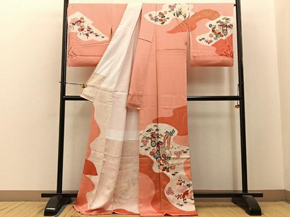 平和屋着物■訪問着　駒刺繍　御所車花文　金彩　ロング丈　正絹　逸品　BAAY3886hj