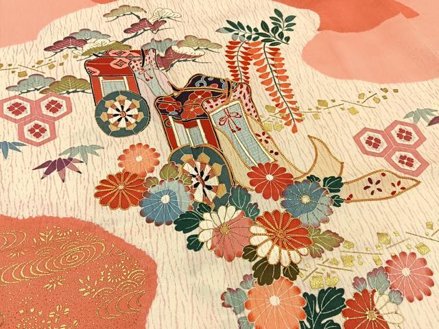 平和屋着物■訪問着　駒刺繍　御所車花文　金彩　ロング丈　正絹　逸品　BAAY3886hj