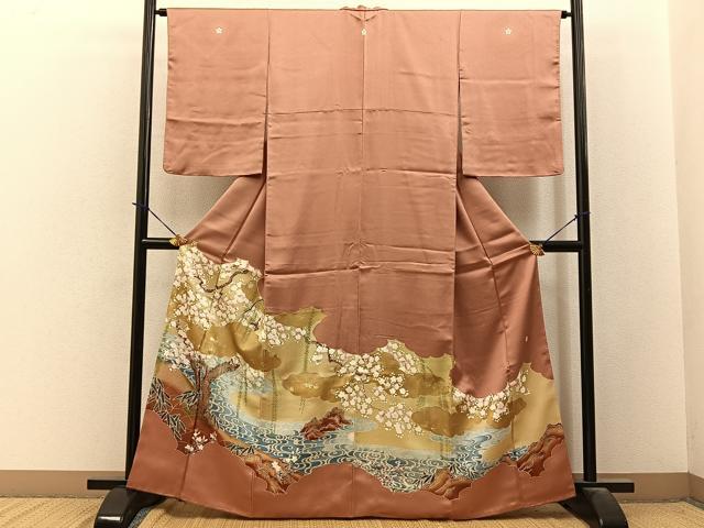 平和屋着物■豪華色留袖　作家物　流水桜文　金銀彩　正絹　逸品　BAAY3898hj