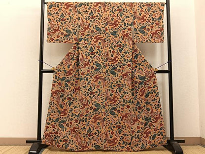 平和屋着物■上質な小紋　鳳凰更紗花文　鬼しぼ縮緬　正絹　逸品　BAAY3901hj