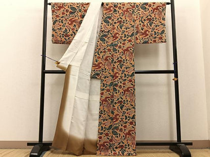 平和屋着物■上質な小紋　鳳凰更紗花文　鬼しぼ縮緬　正絹　逸品　BAAY3901hj